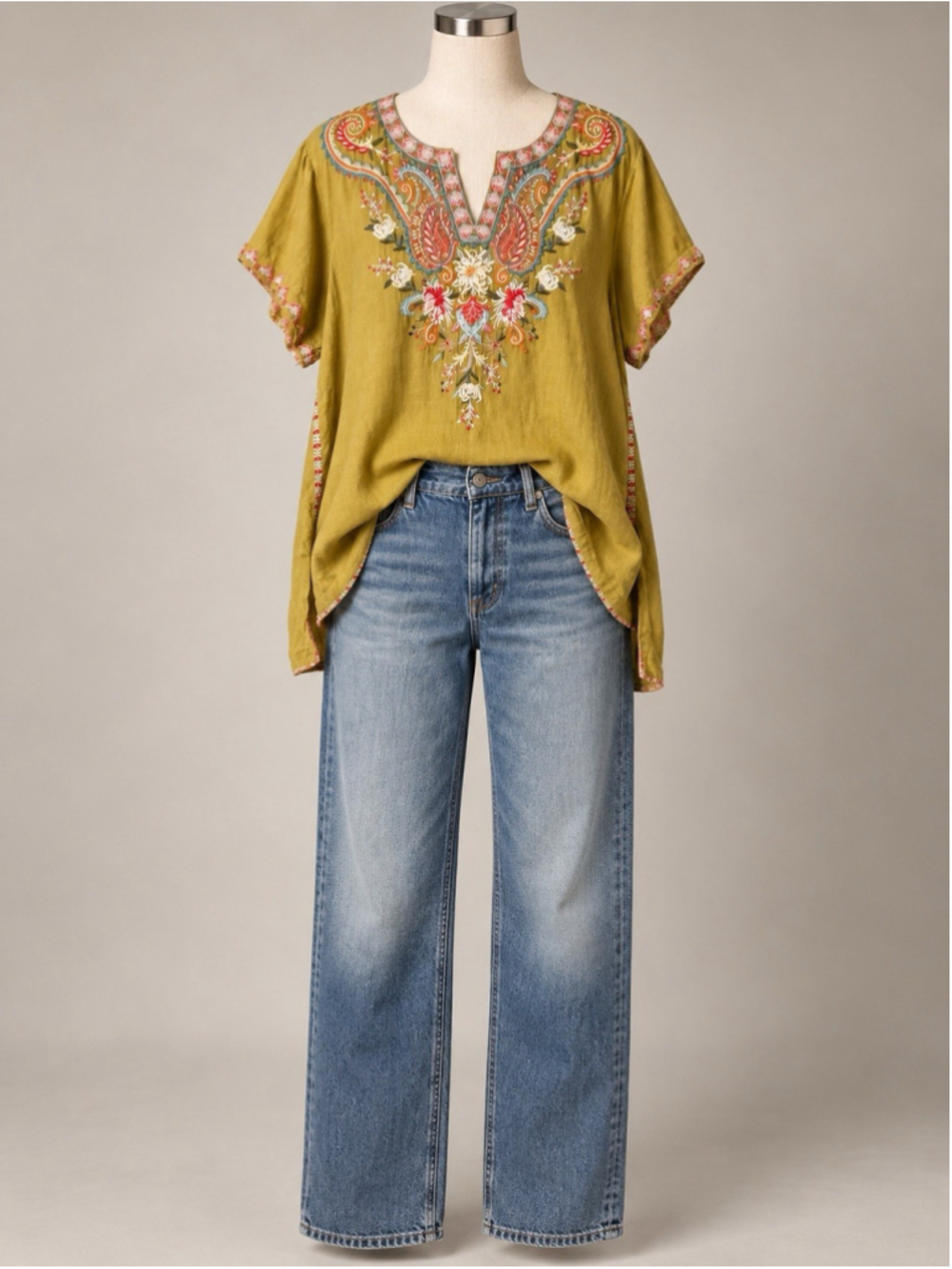 Johnny Was Top Tikal Swing Blouse Embroidered Tunic Chartreuse Green XL EUC!